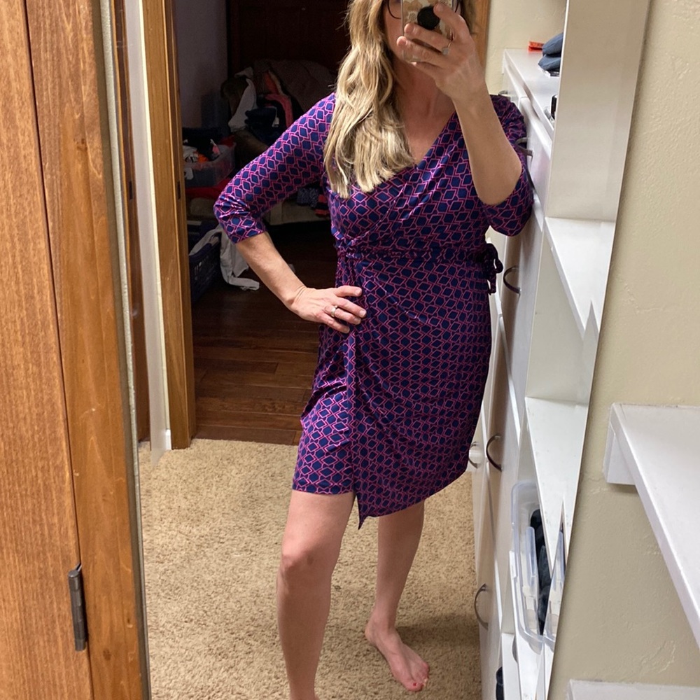 Motherhood Maternity Blue and Magenta Geometric Pattern Wrap Dress